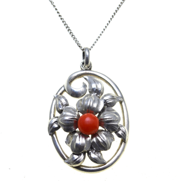 Lant argint cu pandant argint vechi Jugendstil, Coral [1]