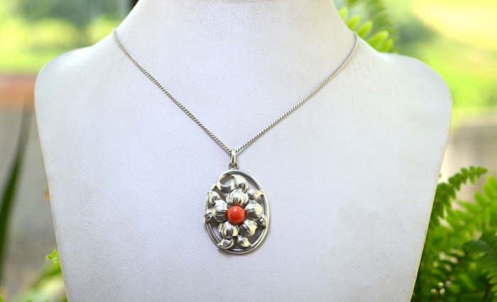 Lant argint cu pandant argint vechi Jugendstil, Coral [4]