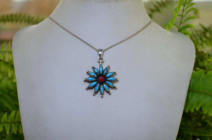 Lant argint cu pandant argint Navajo, turcoaz si coral [4]