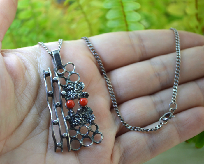 Lant argint cu pandant argint vintage, decorat cu Red Coral, [2]