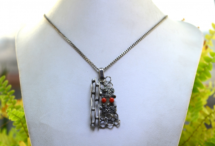 Lant argint cu pandant argint vintage, decorat cu Red Coral, [4]