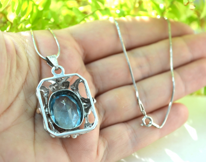 Lant argint cu pandant argint vechi, Acvamarin Crystal Glass [3]