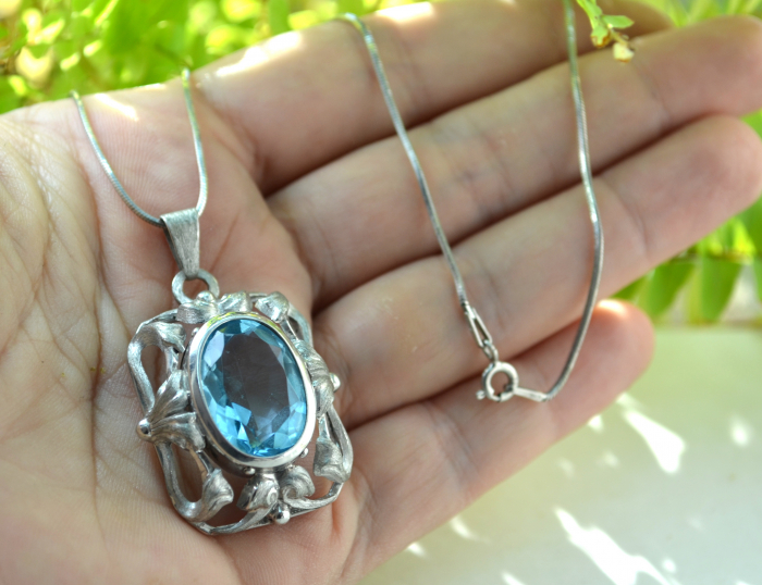 Lant argint cu pandant argint vechi, Acvamarin Crystal Glass [2]