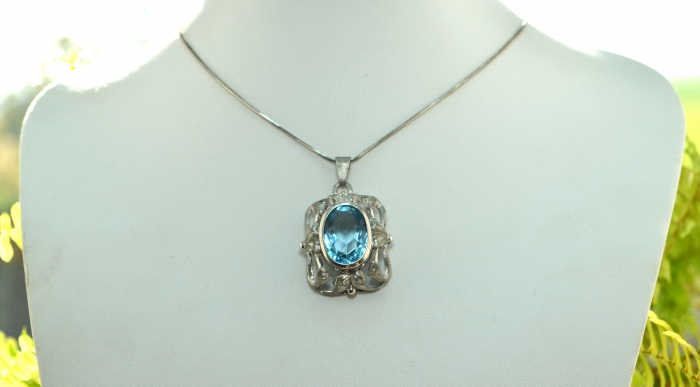 Lant argint cu pandant argint vechi, Acvamarin Crystal Glass [4]