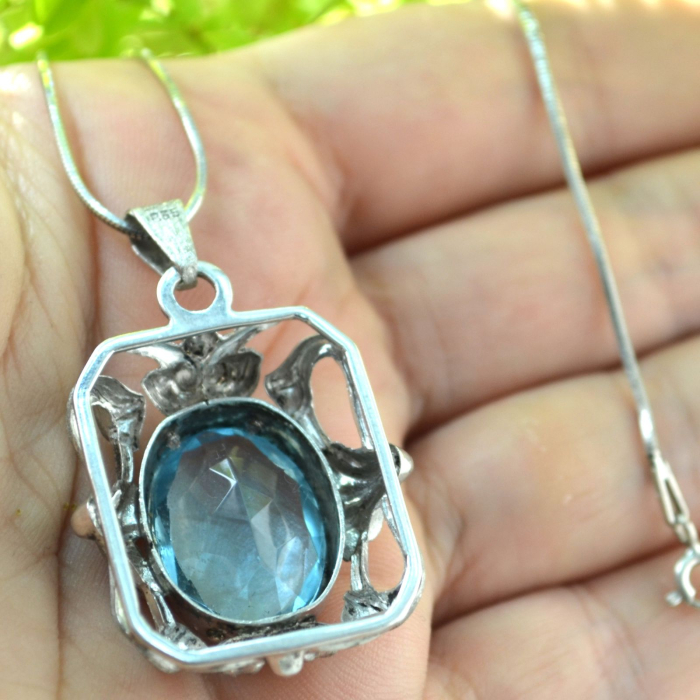 Lant argint cu pandant argint vechi, Acvamarin Crystal Glass [3]