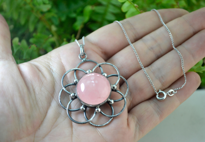 Lant argint pandant argint vintage Cuart roz estetica modernista [2]