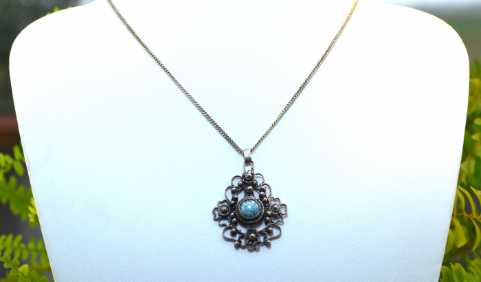 Lant argint pandant argint vintage lucrat filigran decorat turcoaz [4]