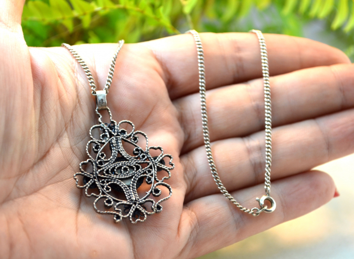 Lant argint pandant argint vintage lucrat filigran decorat turcoaz [3]