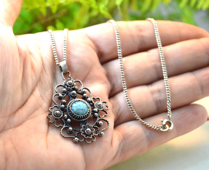 Lant argint pandant argint vintage lucrat filigran decorat turcoaz [2]