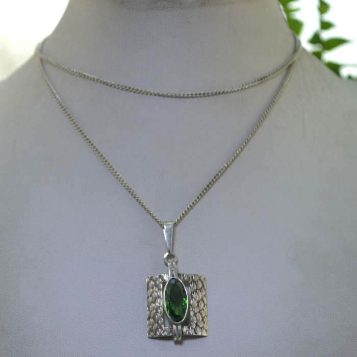 Lant argint cu pandant Art Deco, Green Bohemian Crystal, semnat Teka A Vintage Collection [4]