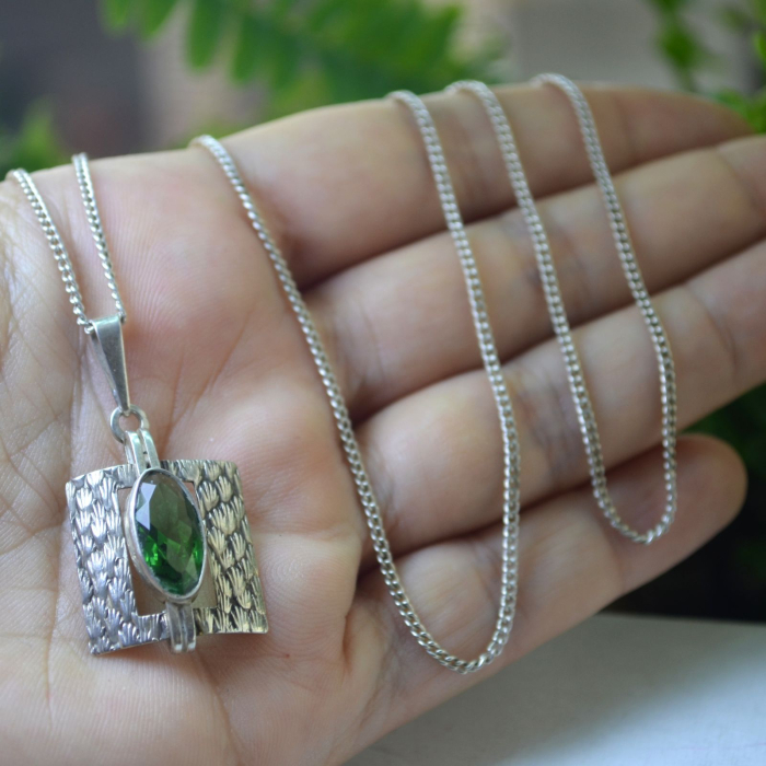 Lant argint cu pandant Art Deco, Green Bohemian Crystal, semnat Teka A Vintage Collection [2]