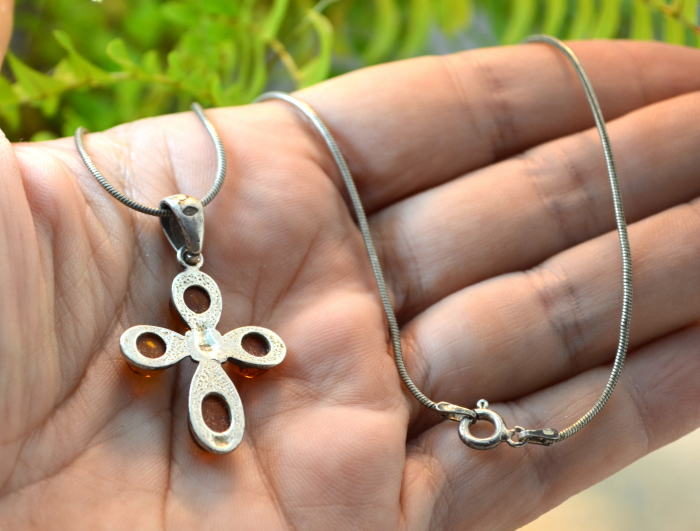 Lant argint baza gatului pandant cruce argint chihlimbar natural [2]