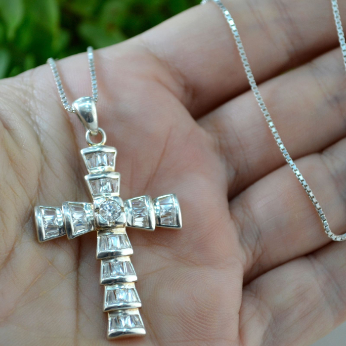 Lant argint pandant cruce argint vintage CZ cristale cubic zirconia Baguette [2]