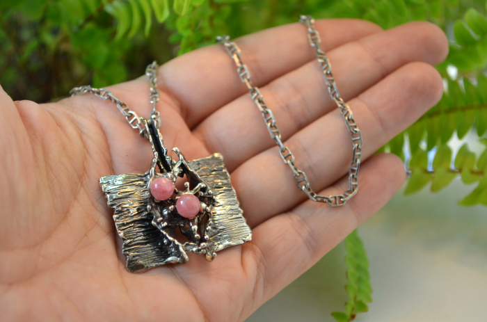 Lant argint pandant argint masiv Mid-Century statement rodocrozit modernist brutalist [2]