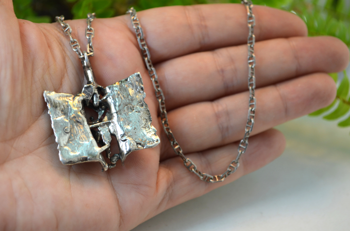 Lant argint pandant argint masiv Mid-Century statement rodocrozit modernist brutalist [3]