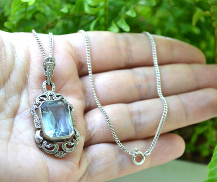 Lant argint cu pandant interbelic, Acvamarin Crystal [2]