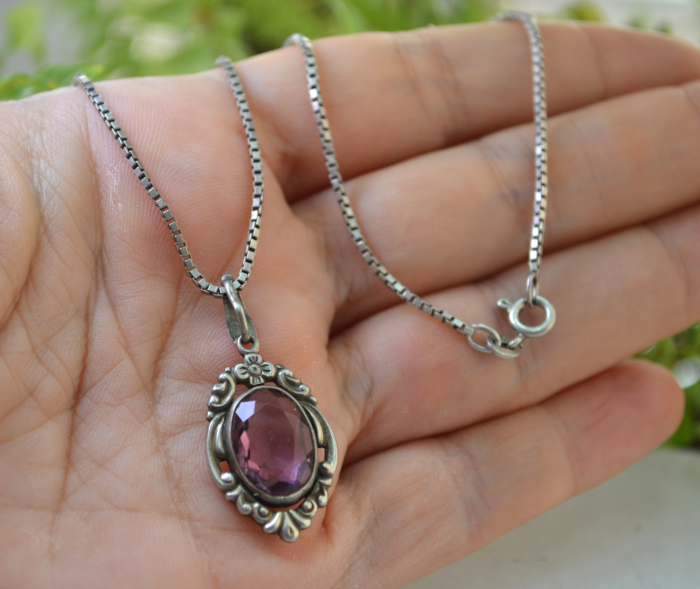 Lant argint cu pandant interbelic, Bohemian Amethyst Crystal A Vintage Collection [2]