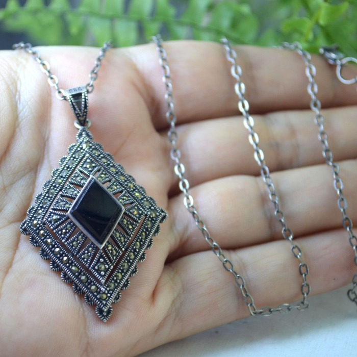 Lant argint cu pandant Onix si Marcasite, Art Deco A Vintage Collection [2]
