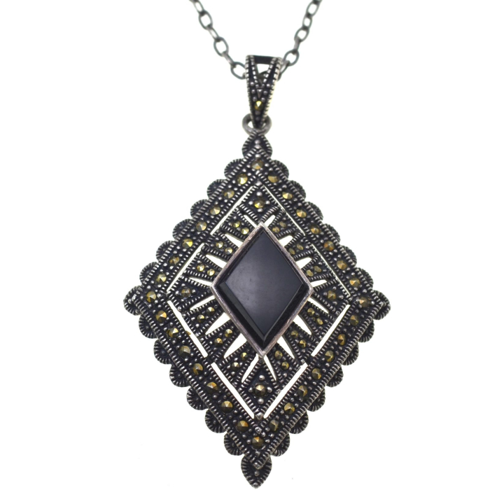 Lant argint cu pandant Onix si Marcasite, Art Deco A Vintage Collection [1]