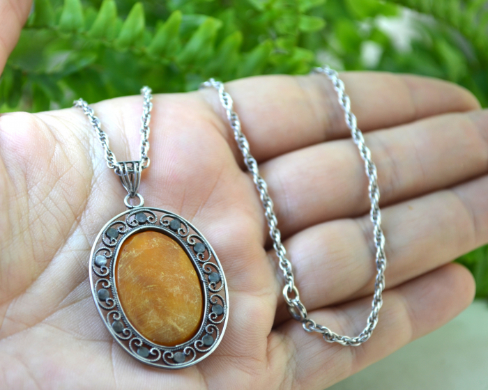  Lant argint cu pandantiv vintage, Chihlimbar Butterscotch [3]