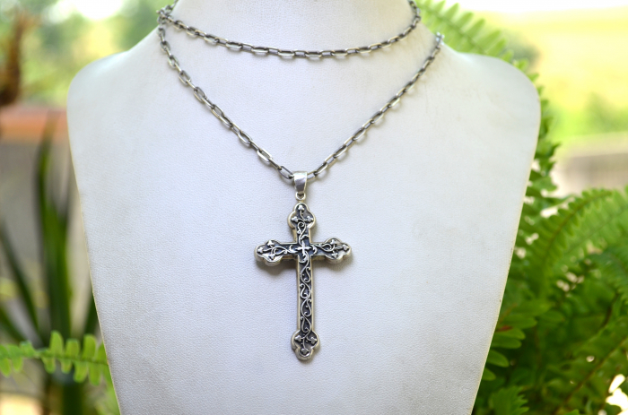 Lant argint lung cruce argint, estetica Art Nouveau [4]