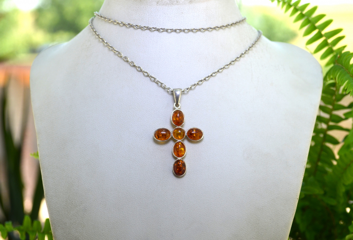 Lant argint lung cu cruce argint, chihlimbar natural [4]