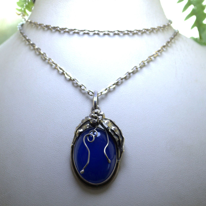 Lant argint lung cu pandant argint vintage, Blue Chalcedony [4]