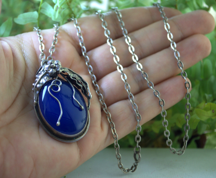 Lant argint lung cu pandant argint vintage, Blue Chalcedony [3]
