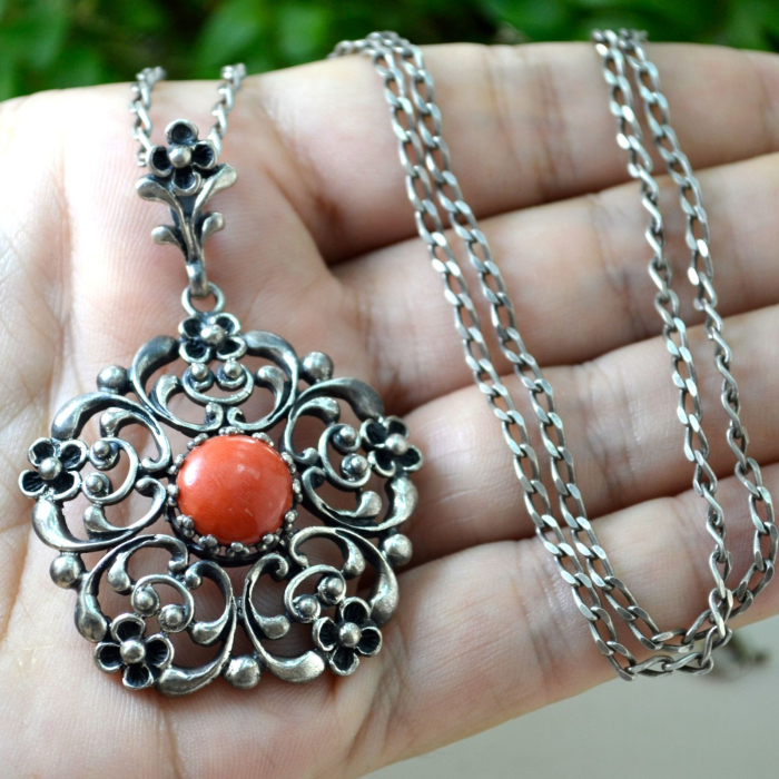 Lant argint lung pandant vintage, Coral [2]