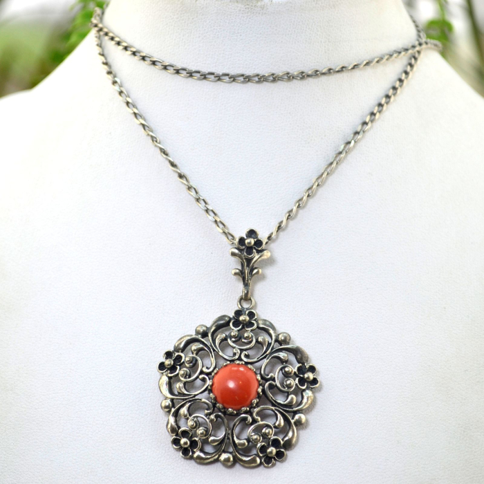 Lant argint lung pandant vintage, Coral [4]