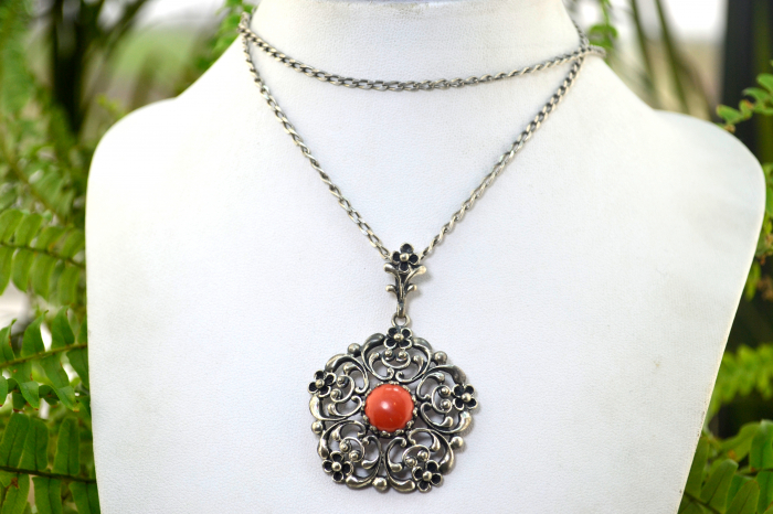 Lant argint lung pandant vintage, Coral [4]