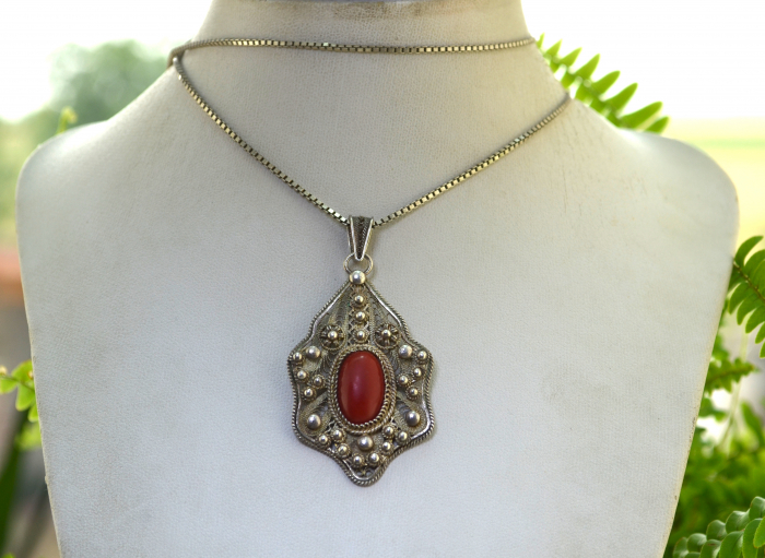 Lant argint lung pandant vintage, Red Coral [4]