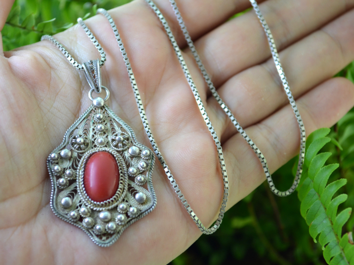 Lant argint lung pandant vintage, Red Coral [2]