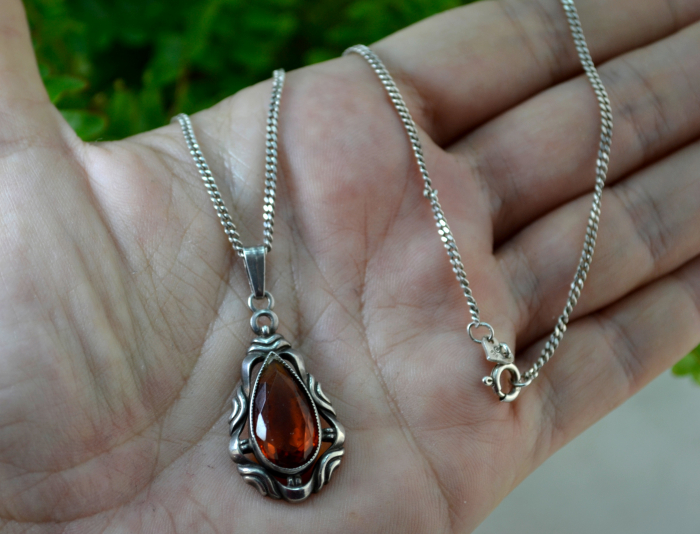 Lant argint pandant argint interbelic Bohemian Cognac Crystal semnata atelier german art nouveau art deco [2]