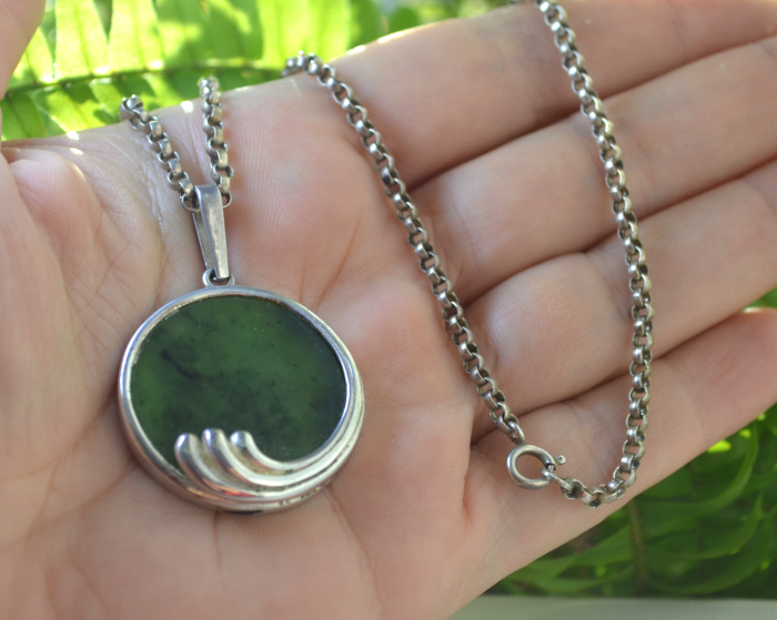 Lant argint pandant argint vintage, Jad nefrit, semnat [2]