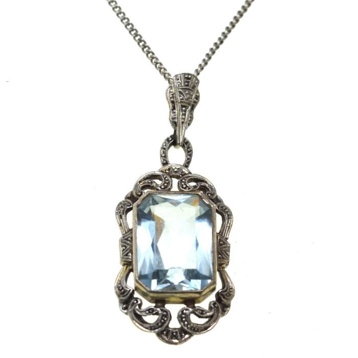 Lant argint cu pandant interbelic, Acvamarin Crystal [1]
