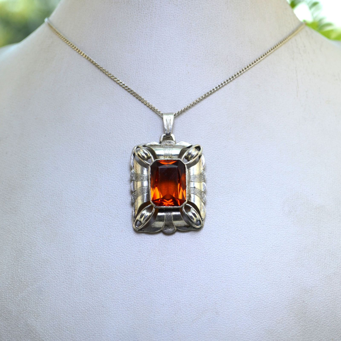 Lant argint cu pandant argint interbelic, Bohemian Cognac Crystal [4]
