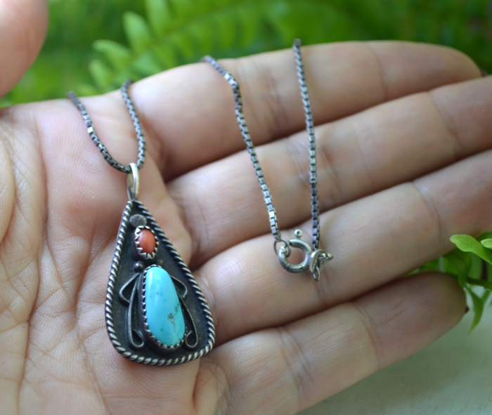 Lant argint pandantiv argint Navajo turcoaz coral natural semnat designer Cody Hunter [2]