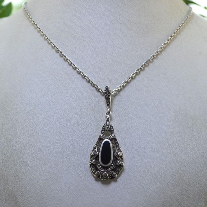 Lant argint vintage cu pandant onix Art Deco A Vintage Collection [4]