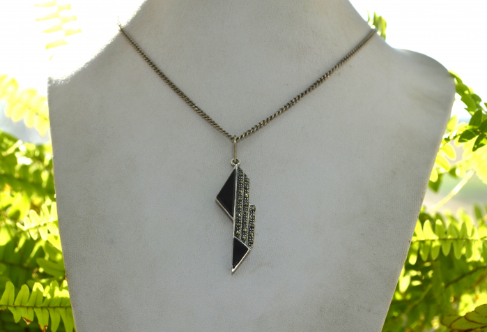 lant Colier argint vintage baza gatului art deco onix marcasite [4]