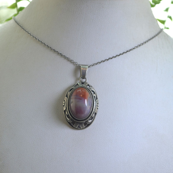 Lant argintcu pandant  Agat cabochon, autentic Art Deco A Vintage Collection [4]