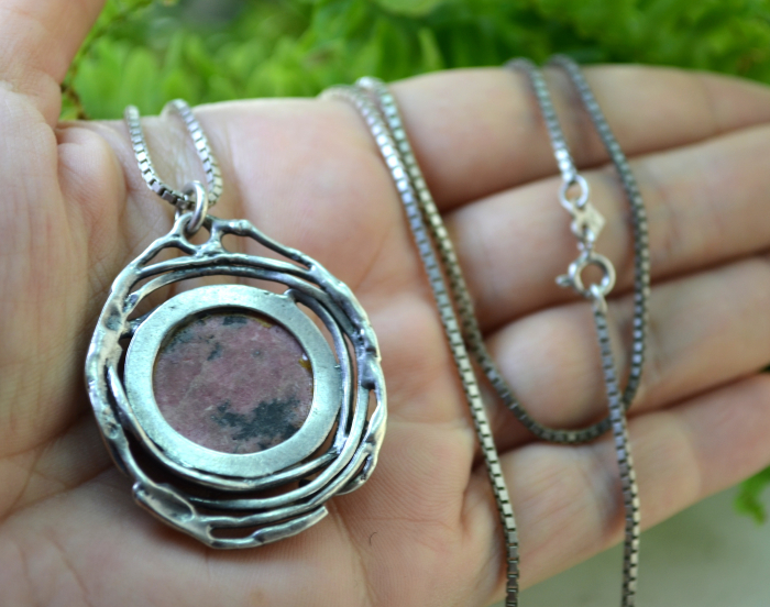 Lant lung argint cu pandant vintage, geoda de Rodonit [3]