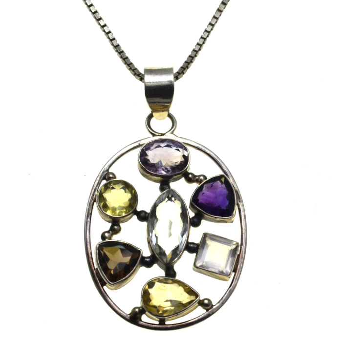 Lant lung argint pandantargint masiv pietre naturale ametist citrine cuart fumuriu topaz [1]