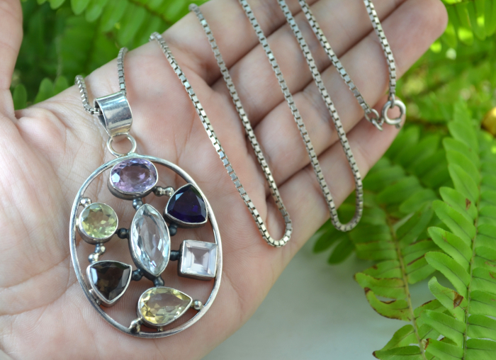 Lant lung argint pandantargint masiv pietre naturale ametist citrine cuart fumuriu topaz [2]
