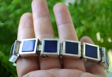 Bratara argint masiv Mid-Century, email Royal Blue, semnata [2]