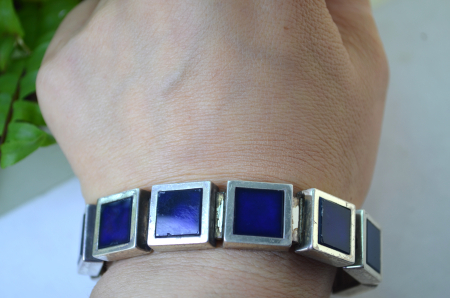 Bratara argint masiv Mid-Century, email Royal Blue, semnata [1]