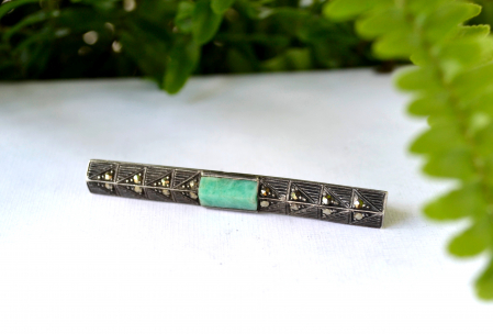 Brosa argint antica, Art Deco, amazonit si marcasite [3]
