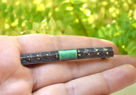 Brosa argint antica, Art Deco, amazonit si marcasite [1]