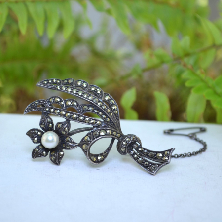 Brosa argint Art Deco, marcasite si perla A Vintage Collection [3]