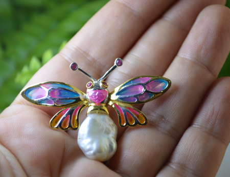 Brosa argint Fluture, email si perla perla Baroque [1]